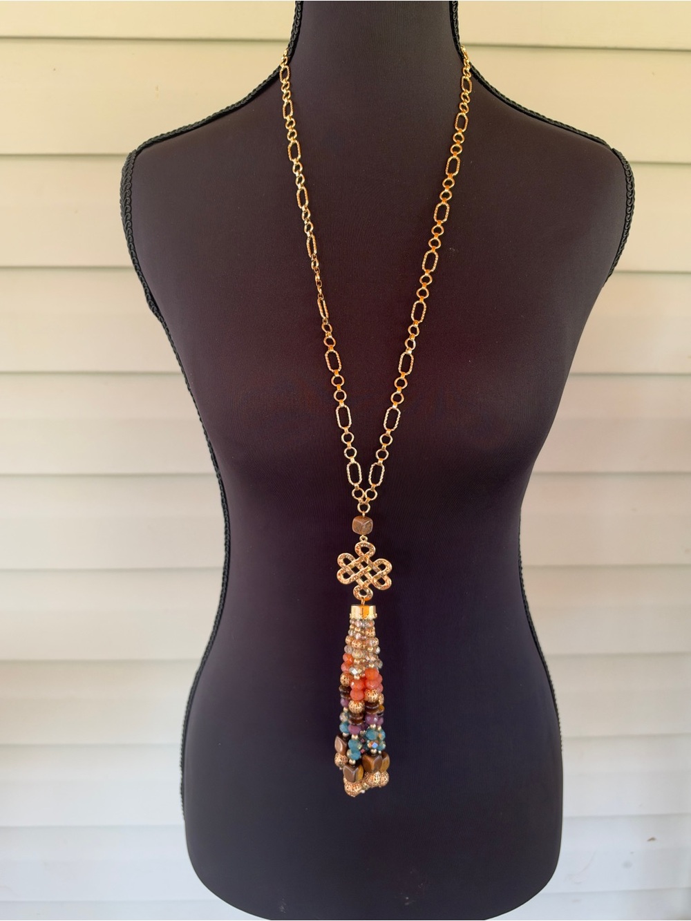 belk Gold-Tone Chain Necklace with Multicolor Beaded Tassel